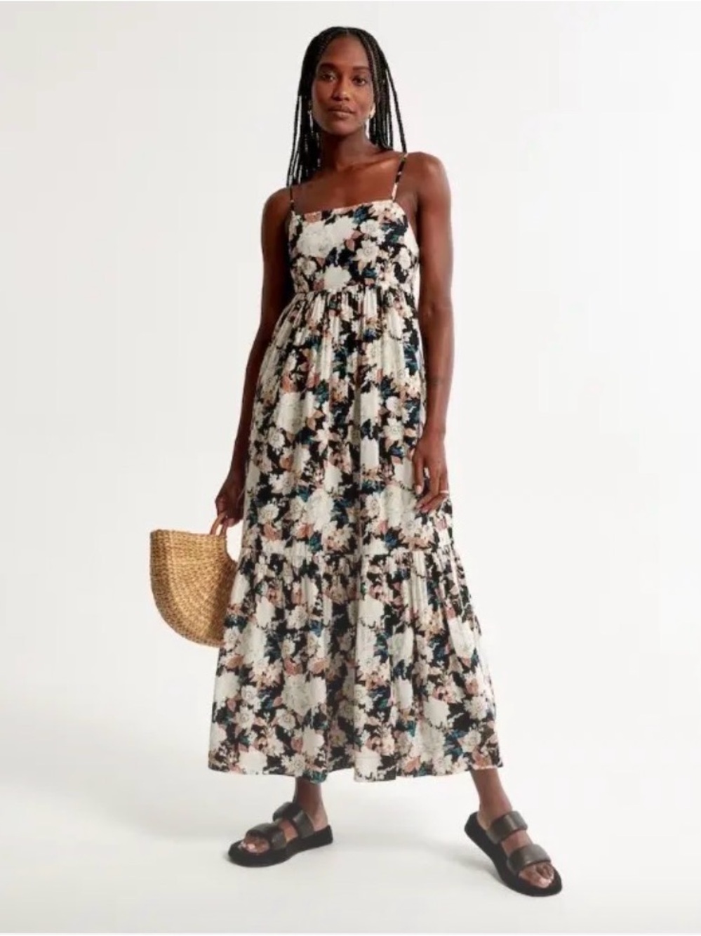 Abercrombie Low Back Babydoll Black Floral Spaghetti-Strap Tiered Maxi Dress